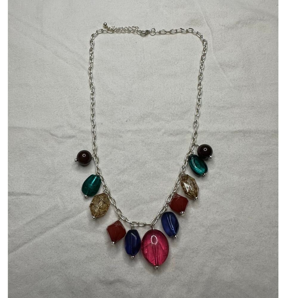 Vintage Silver Tone Chunky Colorful Beaded Necklace Statement Fashion Jewelry